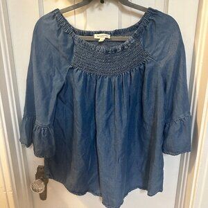 Anthropologie Beach Lunch Lounge Denim Colored Boho Top with Bell Sleeves-Small